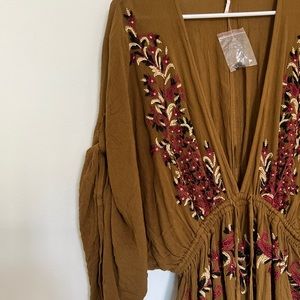 Free People Mustard Tunic Deep V Embroidered Dress